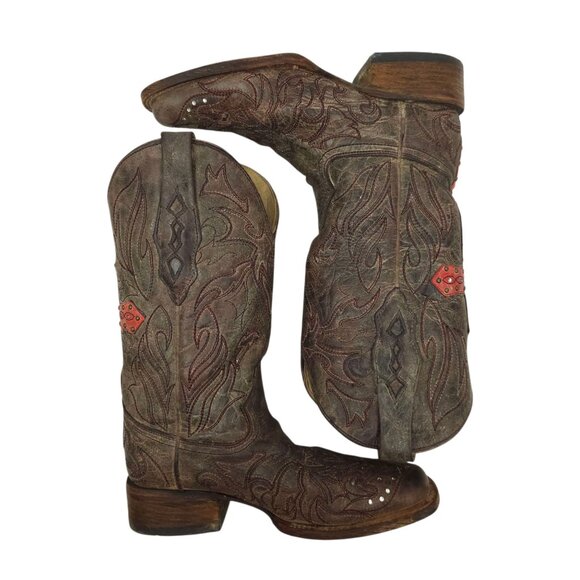 Corral Western Boots Leather Women 6.5M Cross Stud Embroidery Square Toe Cowgirl - Picture 4 of 14